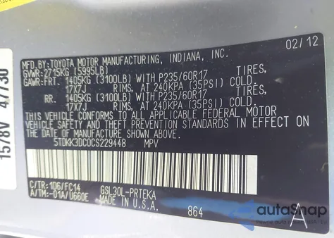 2012 Toyota Sienna Le V6 8 Passenger from USA, damaged, VIN 5TDKK3DC0CS229448